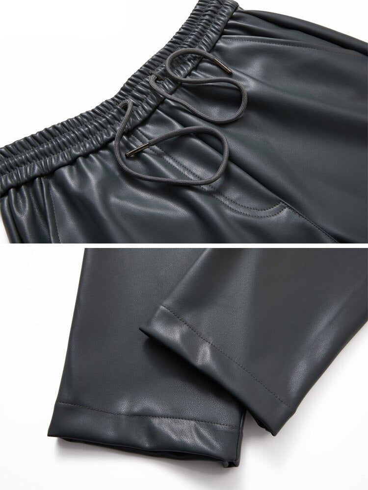 Drawstring PU Leather Trousers Women Elastic Waist Straight Faux Leather Pants