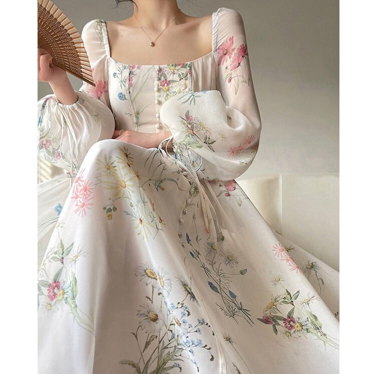 Floral Mid-Length Dress Elegant Slim Waist Female A-line Dress 2023 Spring