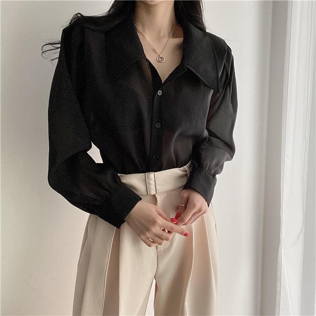 See Through Button Down Shirts Women New Loose Long Sleeve Blouse Female 2022 Summer Suncreen Tops