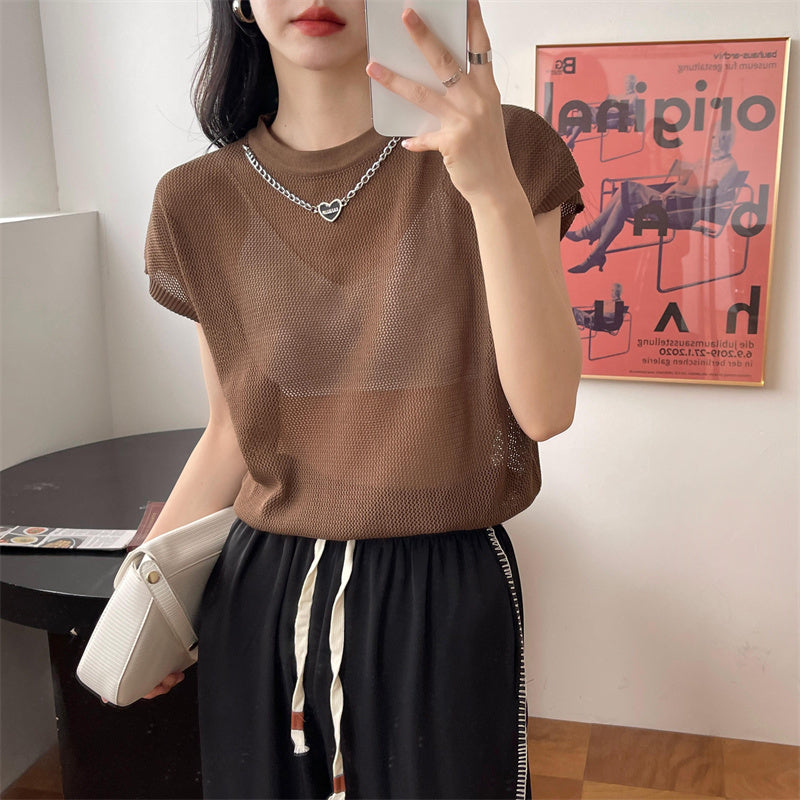 Hollow T-shirt Chain Women Summer New Solid Color Short Sleeve Knitted Tops Female 2022