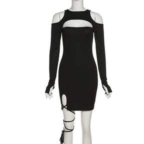 Hollow Out Long Sleeve Bandage Wrap Dress Women Off Shoulder Bodycon Mini Nightclub Dresses