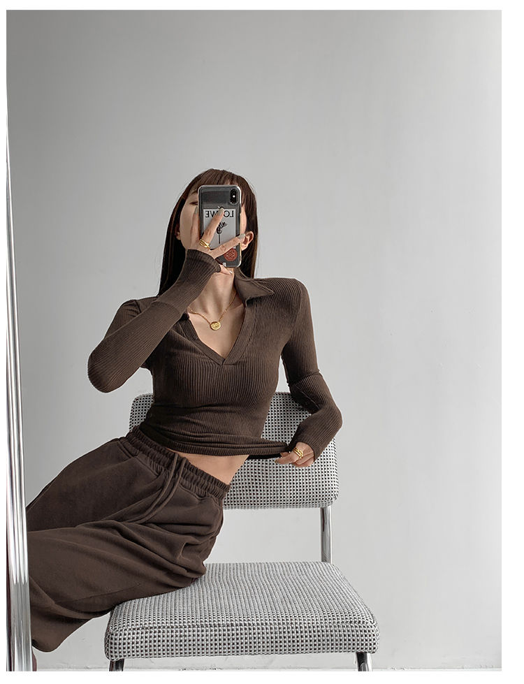 Maglietta da donna sexy con scollo a V Slim Fitness Polo a maniche lunghe da donna Top corto a vita alta