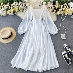 Holiday Puff Sleeve Slash Neck Off Shoulder Smocked White Chiffon Dresses