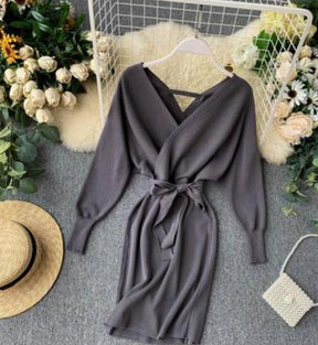 Autumn Women Sexy Elegant Knitted Dress Backless V Neck Sash Tie Up High Waist Dresses