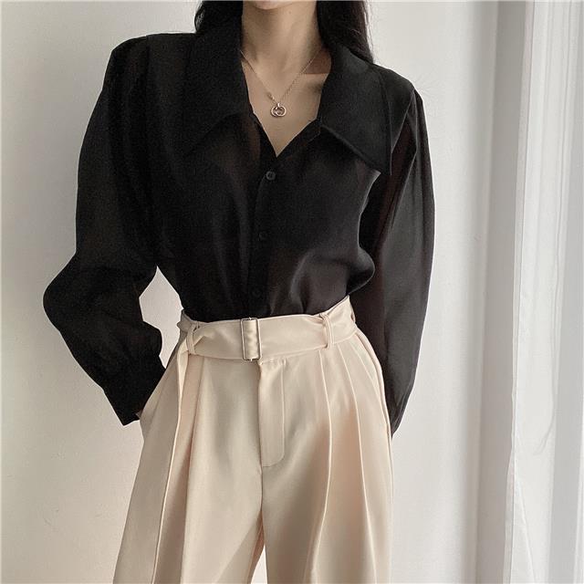 See Through Button Down Shirts Women New Loose Long Sleeve Blouse Female 2022 Summer Suncreen Tops