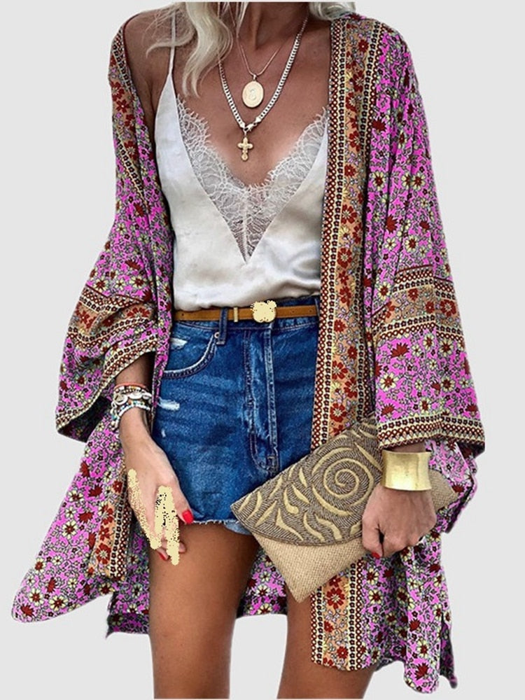 Cardigan Damen Bohemian Floral bedruckte Bluse Vorne offen Lose Strand Tops Vintage Langarm