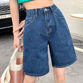 Jeans Shorts Summer High Waist Pockets Female Wide Leg Denim Shorts