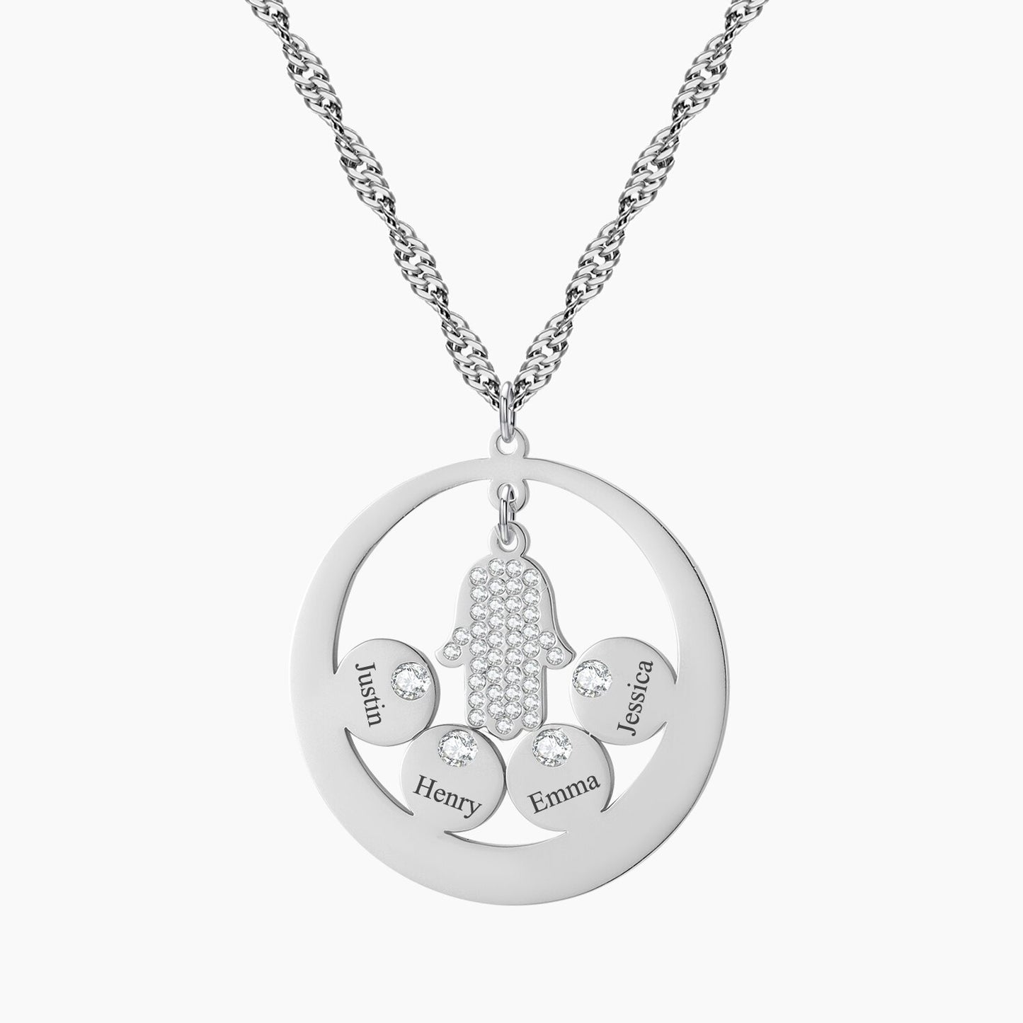 Round Family Name Necklace Hamsa Hand Stainless Steel Necklace Zircon Evil Eye Fatma's Hand