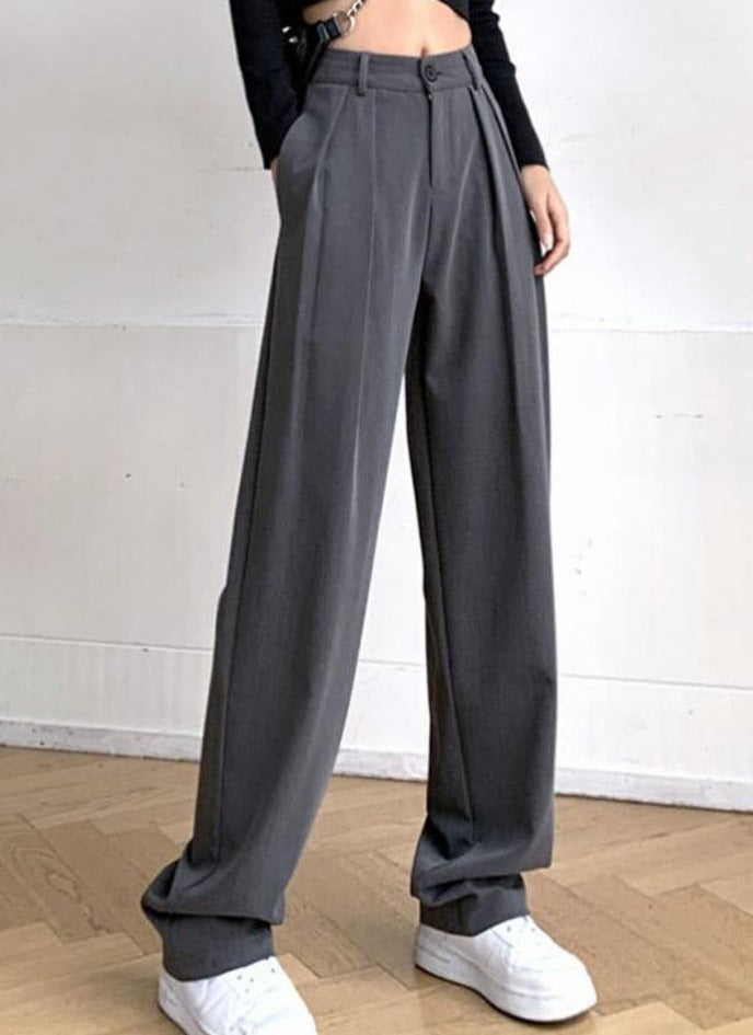 Long Suit Pants High Waist Button Women Wide Leg Trousers