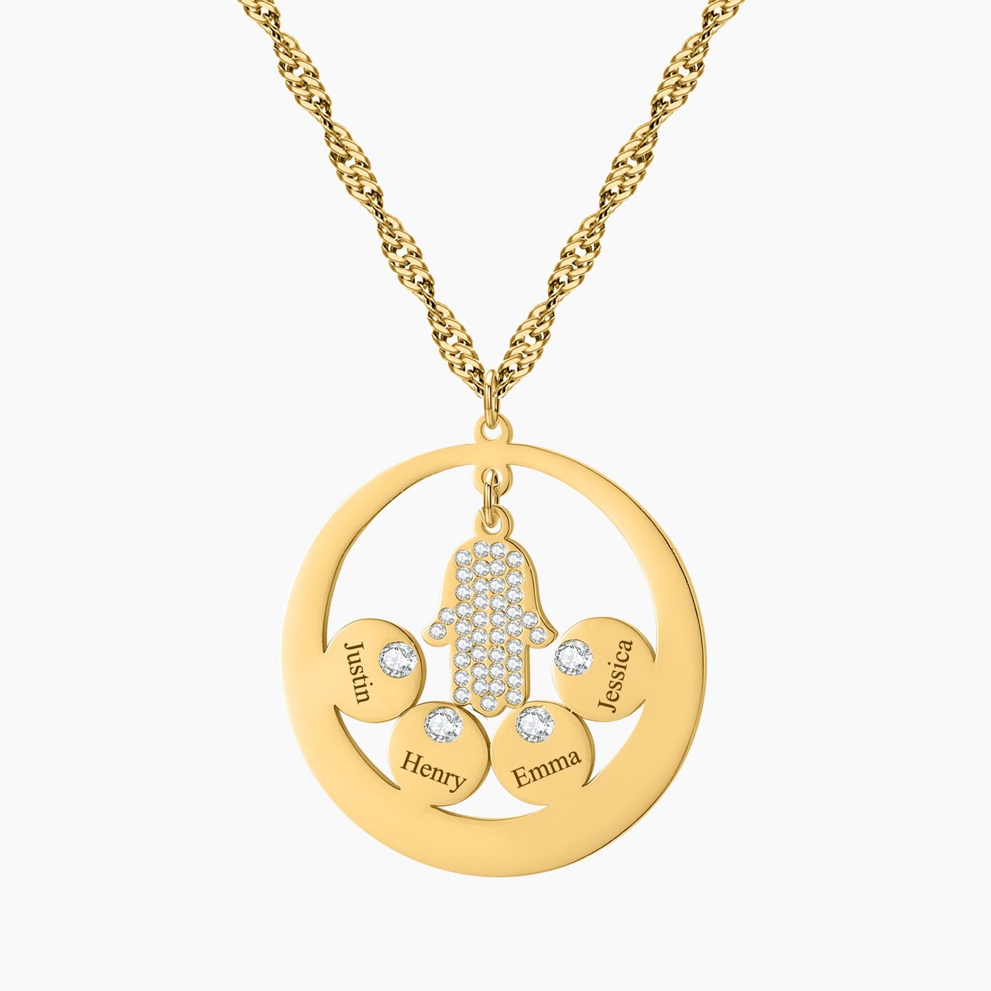 Round Family Name Necklace Hamsa Hand Stainless Steel Necklace Zircon Evil Eye Fatma's Hand