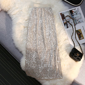 Sequin Long Skirt Women Summer High Waist Elastic Wraps Skirts Female Fashion Elegant