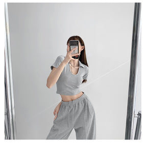 Y2K Tops Women U-shaped Lapel Short Sleeve Tees Summer High Waist Thread Crop Top