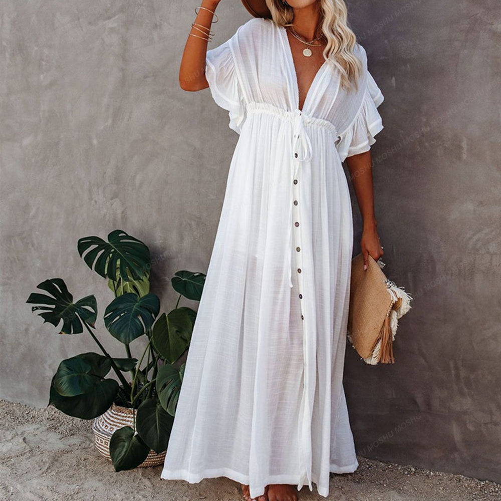 Summer Beach Maxi Dress Women Boho Long Bikini Cover Up High Waist Casual V-Neck Dresses