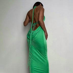 Collar Backless Sleeveless Drawstrings Hollow Out Slit Sexy Maxi Prom Dress