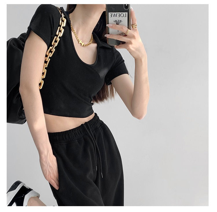 Y2K Tops Women U-shaped Lapel Short Sleeve Tees Summer High Waist Thread Crop Top