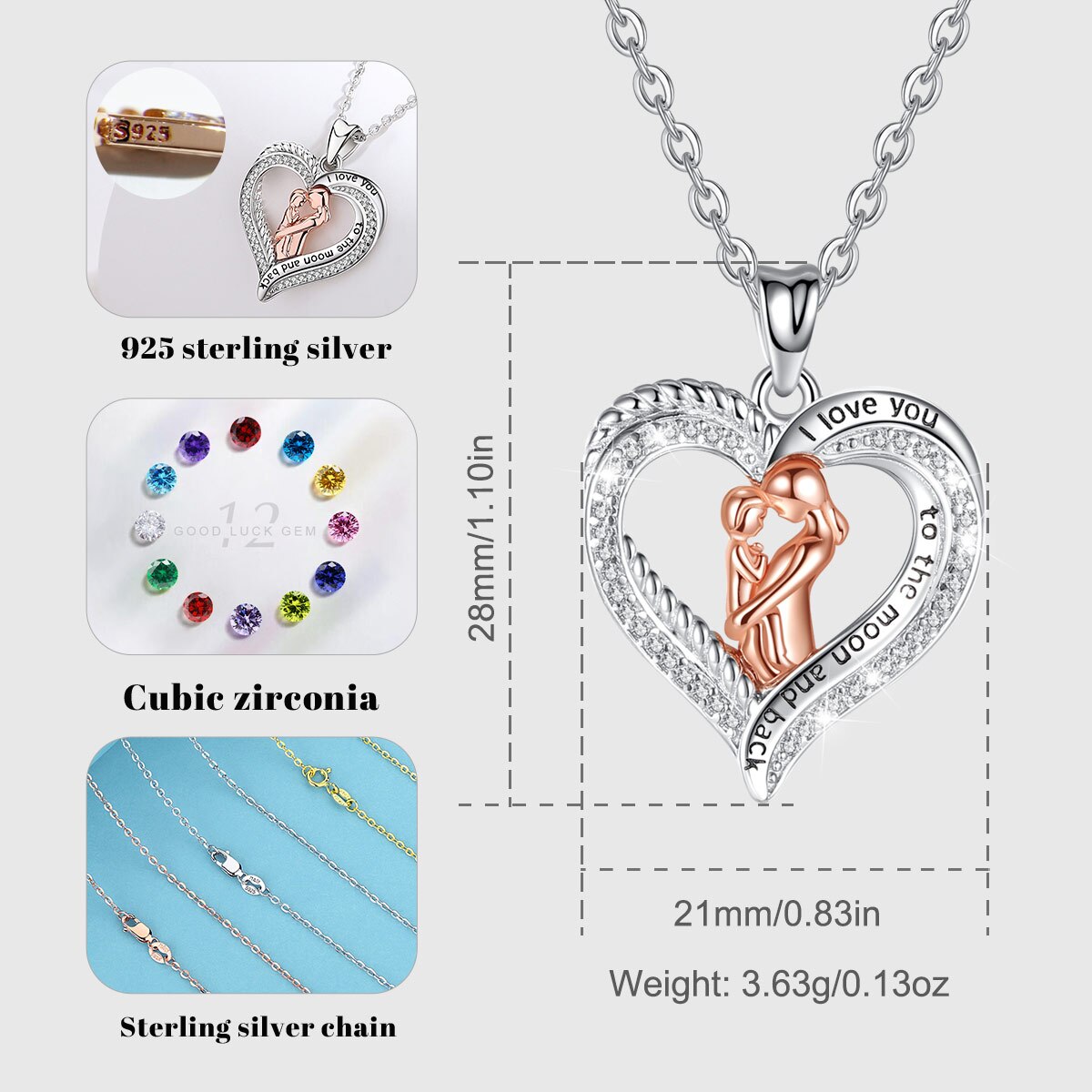 Mother and Baby Rose Gold Necklace Paved-Crystal Heart Pendant Fine Jewelry for Mother's Day gift