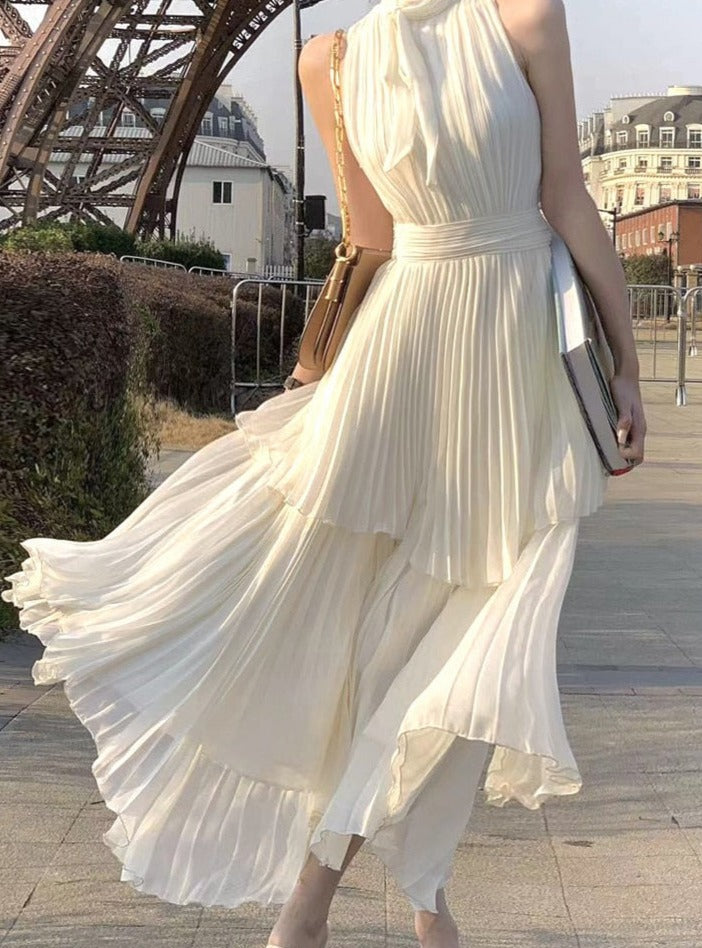 Spring Summer O-neck Slim Waist Women Pleated Dress Sleeveless Solid Chiffon