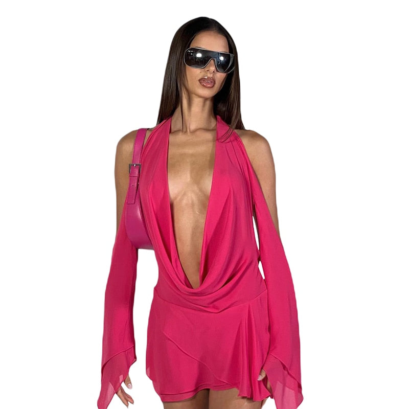 Halter Long Sleeves Irregular Draped Mini Dress