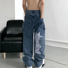 jeans con ricamo di lettere hip-hop retrò pantaloni larghi a gamba dritta pantaloni a gamba larga per coppie di uomini e donne