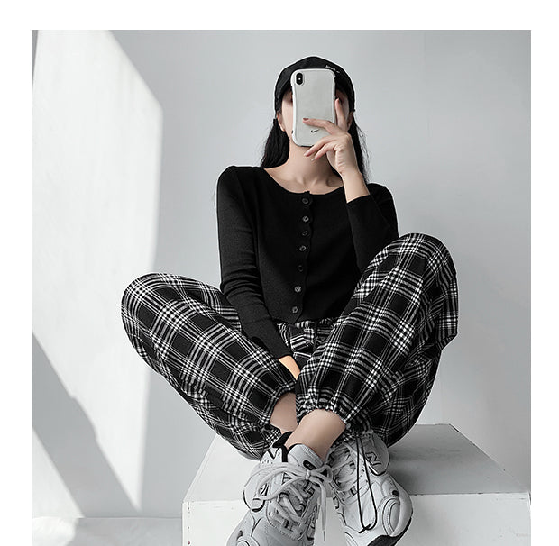 Plaid Pants Women High Waist Drawstring Loose Straight Baggy Pants 2022 Spring and Summer