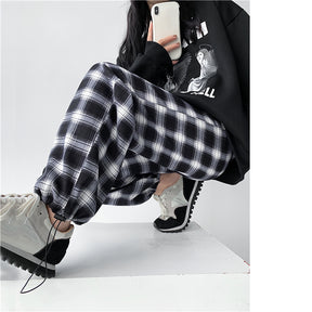 Plaid Pants Women High Waist Drawstring Loose Straight Baggy Pants 2022 Spring and Summer