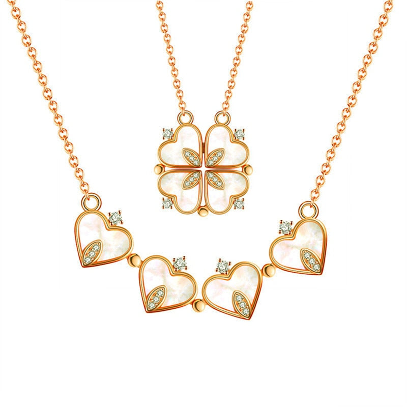 Magnetic Folding Heart Shaped Four Leaf Clover Pendant Necklace