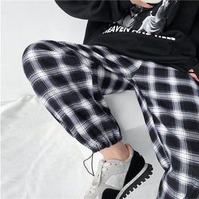 Plaid Pants Women High Waist Drawstring Loose Straight Baggy Pants 2022 Spring and Summer