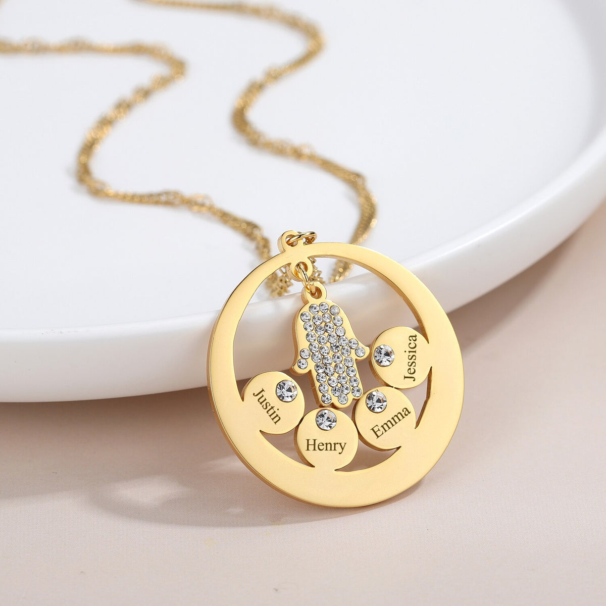 Round Family Name Necklace Hamsa Hand Stainless Steel Necklace Zircon Evil Eye Fatma's Hand