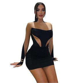 Long Sleeve Patchwork Mesh See Through Sexy Bodycon Mini Dress Evening Clothes