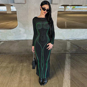 Striped Print Long Sleeve See Through Sexy Bodycon Maxi Dress