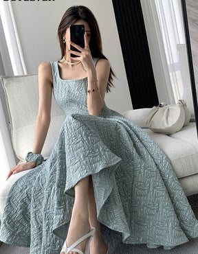 Vintage Square Collar A-line Dress Summer Sleeveless Slim Waist Female Midi Dress