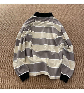 Striped POLO Shirt Men Women Casual Loose Couple BF Lapel Sweatshirts