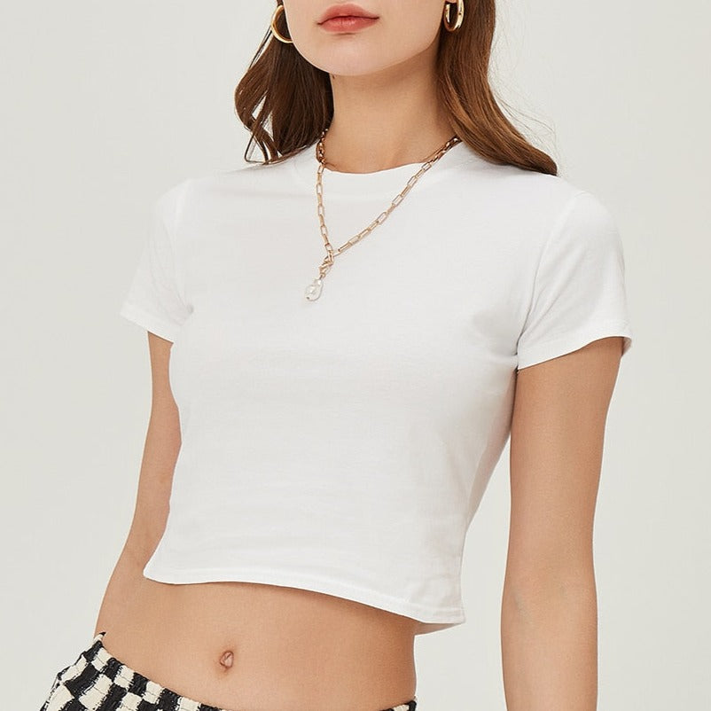 Crop Top T-Shirt Female Solid Cotton O-Neck Short Sleeve T-shirts for Women High Waist Slim T-Shirt