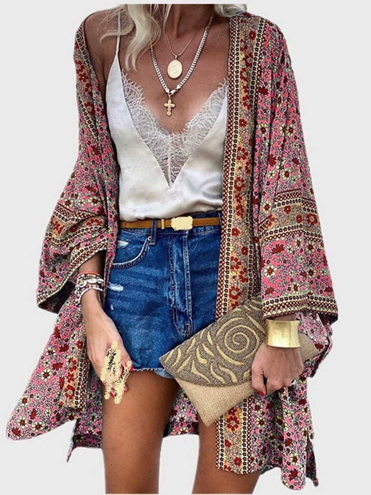 Cardigan Women Bohemian Floral Printed Blouse Open Front Loose Beach Tops Vintage Long Sleeve