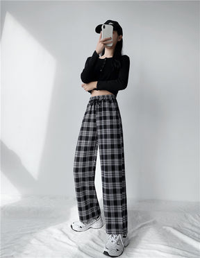 Plaid Pants Women High Waist Drawstring Loose Straight Baggy Pants 2022 Spring and Summer