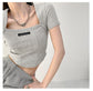 Gebogene Crop Tops Damen Sommer Quadratischer Kragen Kurzarm T-Shirt Mode Schlanke Frau