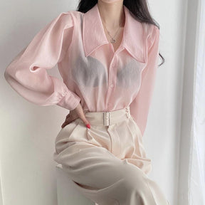 See Through Button Down Shirts Women New Loose Long Sleeve Blouse Female 2022 Summer Suncreen Tops