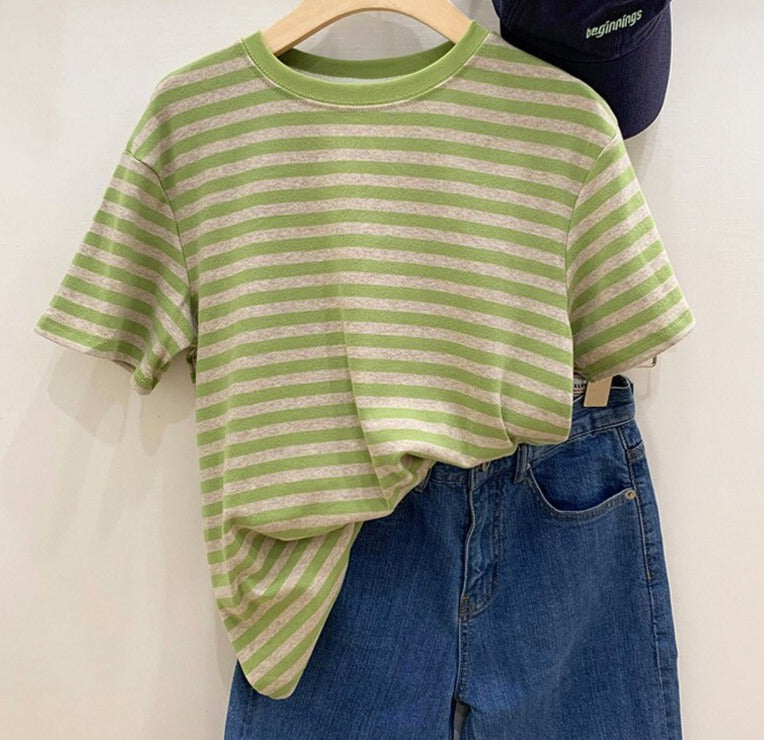 Casual O-neck Women Striped T-shirts  Spring Summer Short Sleeve Loose Female Tops