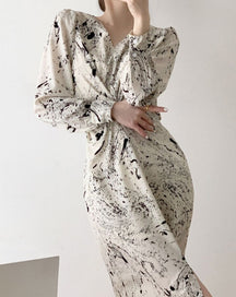 V-neck Long Sleeve Printed Dress Slim Waist Lace-up Split Midi Dress vestidos