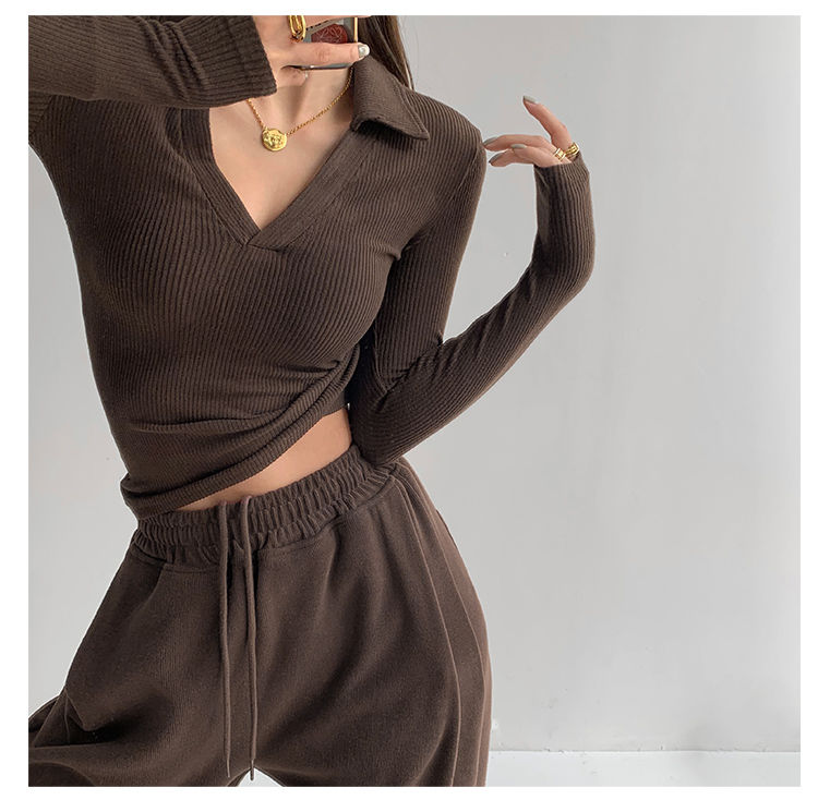 Maglietta da donna sexy con scollo a V Slim Fitness Polo a maniche lunghe da donna Top corto a vita alta