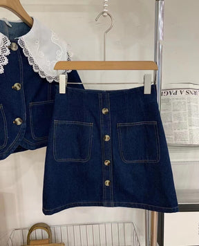 Abito estivo dolce in denim con colletto Peter Pan in pizzo Top monopetto + gonne a trapezio a vita alta