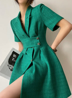 Summer Notched Collar Short Sleeve Short Dress Single-breasted Slim Waist A-line Dresses