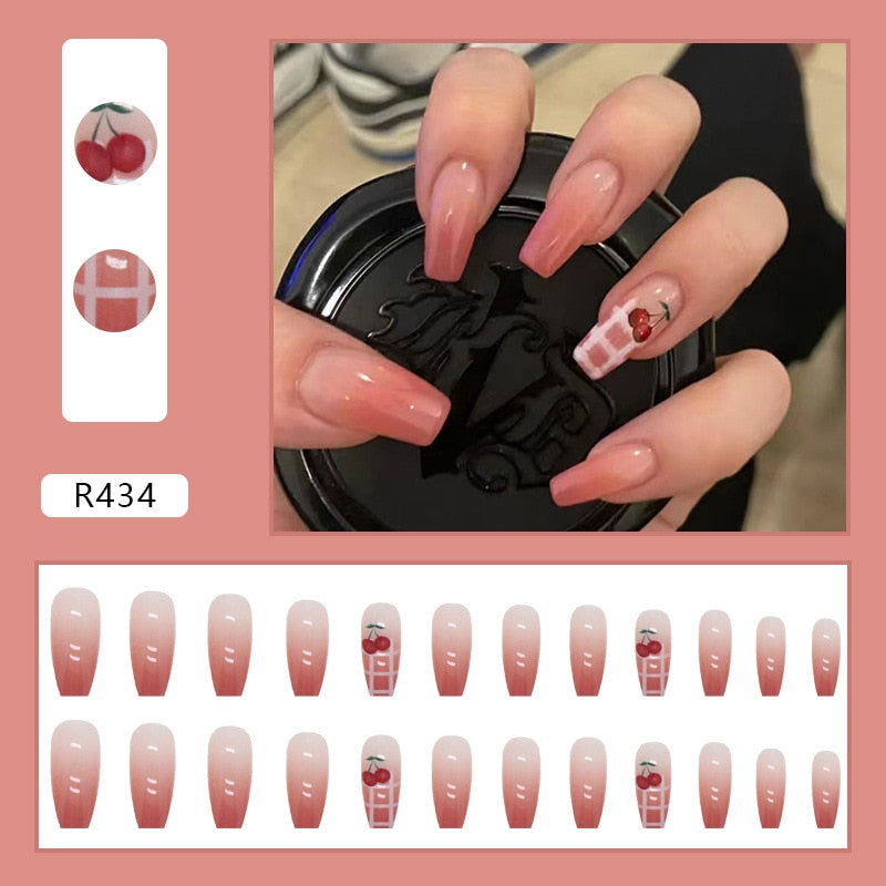 24Pcs/Box Charming Pink Flame Short Fake Nails press on Square Head Full Cover Detachable