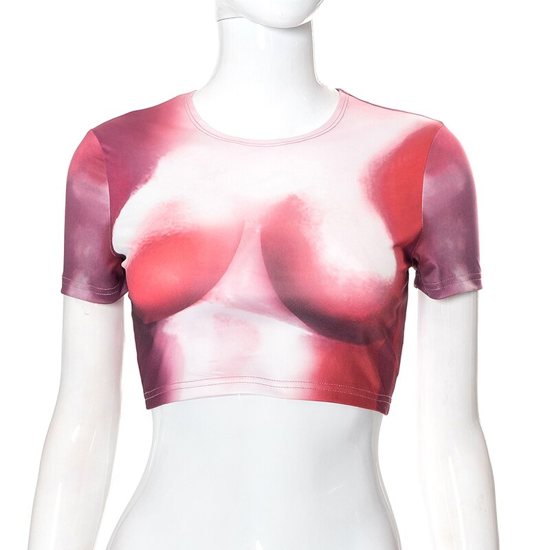 Tie Dye Print O Neck Short Sleeves Crop Top T Shirt Slim