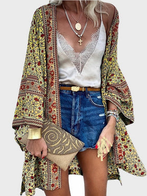 Cardigan Women Bohemian Floral Printed Blouse Open Front Loose Beach Tops Vintage Long Sleeve