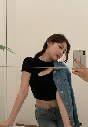 T Shirt Women Summer Hollow Crewneck Cropped Tops Irregular Tight Fitting Short Sleeve