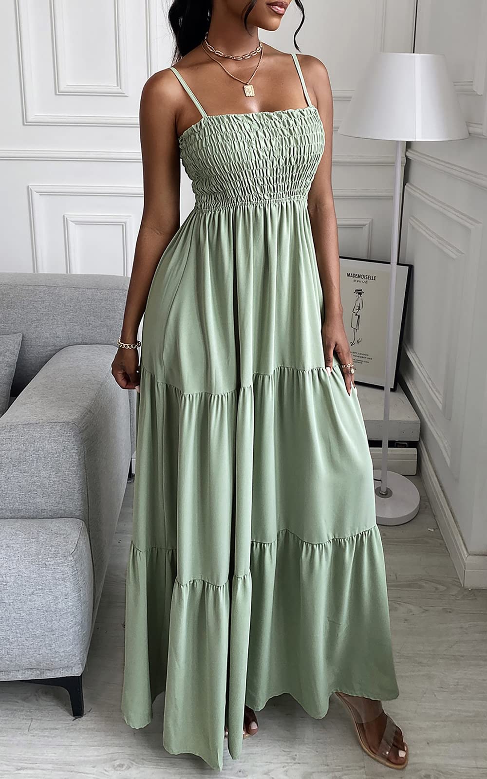 Spaghettiträger Maxikleid Damen Sommer ärmellos gesmokt Boho Long Beach Kleid Sommerkleider