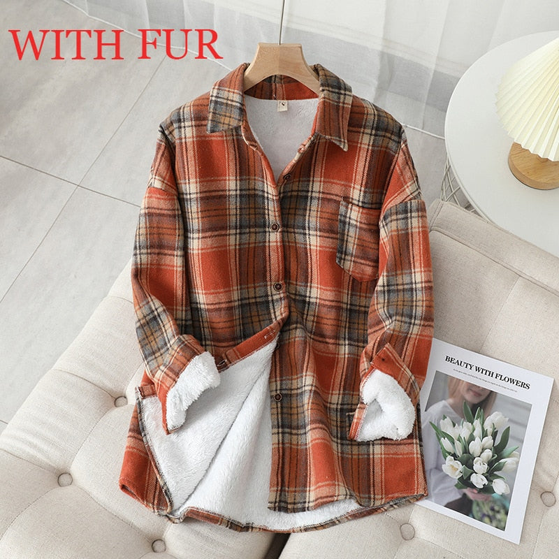 Velvet Thicken Plaid Shirts Blouses Autumn Winter Warm Shirts