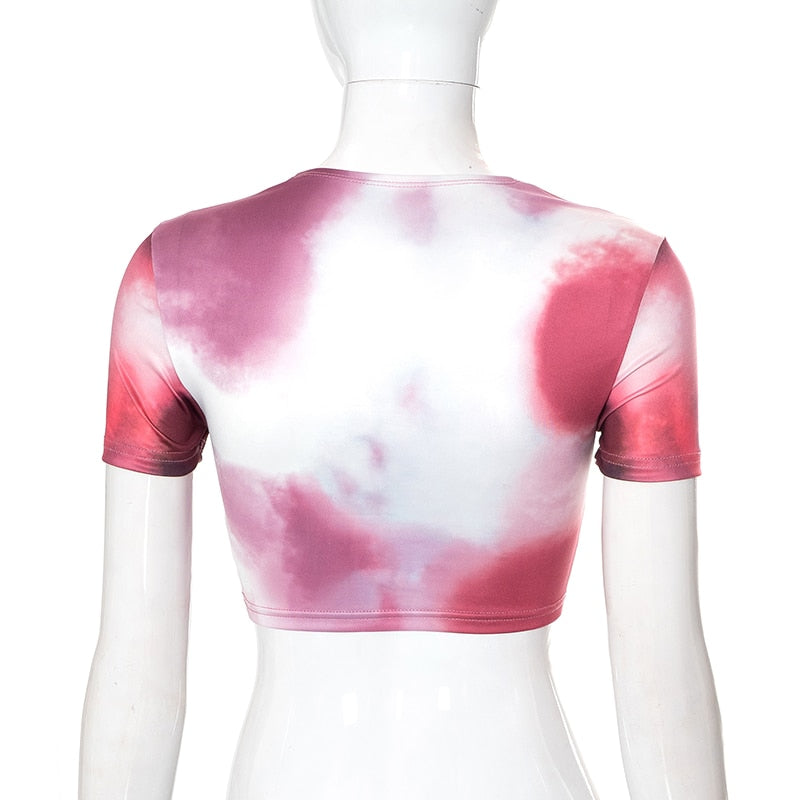 Tie Dye Print O Neck Short Sleeves Crop Top T Shirt Slim