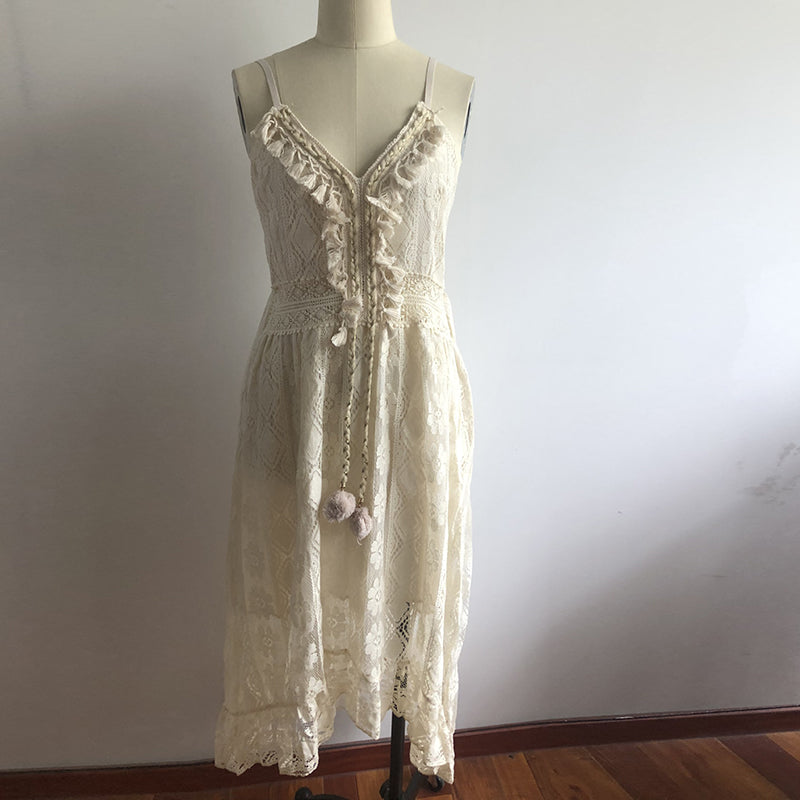 Women Dress Beach Style Elegant White Lace Spaghetti Srap Sundress Female Hollow Out Boho